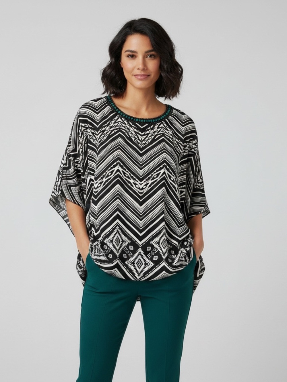 Lavish Black & White Chevron Tunic with Teal Beaded Neckline